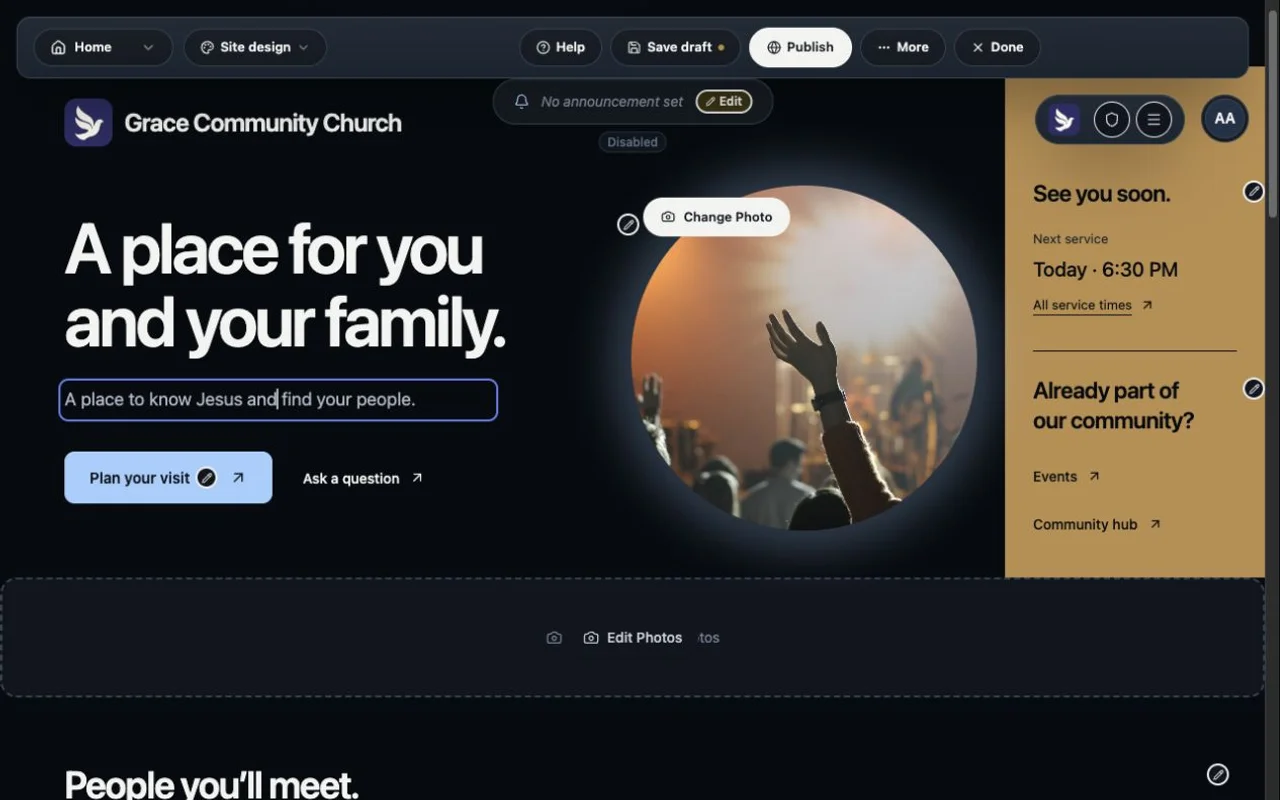 Editing the welcome headline directly on a church website