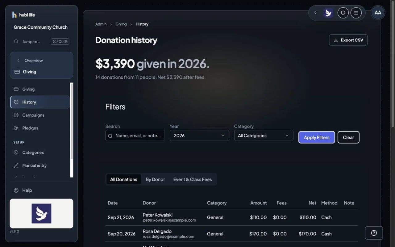 Donation history in the fictional Grace Community Church account