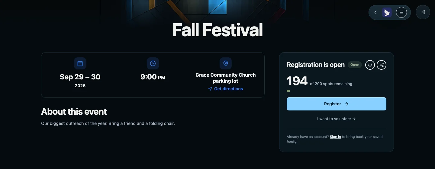 The Fall Festival public event page at Grace Community Church